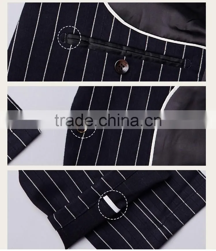 2017 latest design 3 pieces suits with long blazer waistcoat and pants dark blue stripe suite made in china