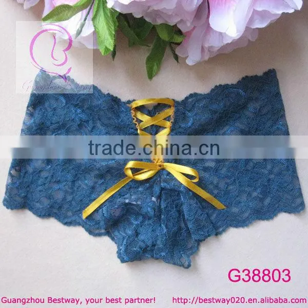 Sexy full lace transparent boyshorts underwear with satin bow