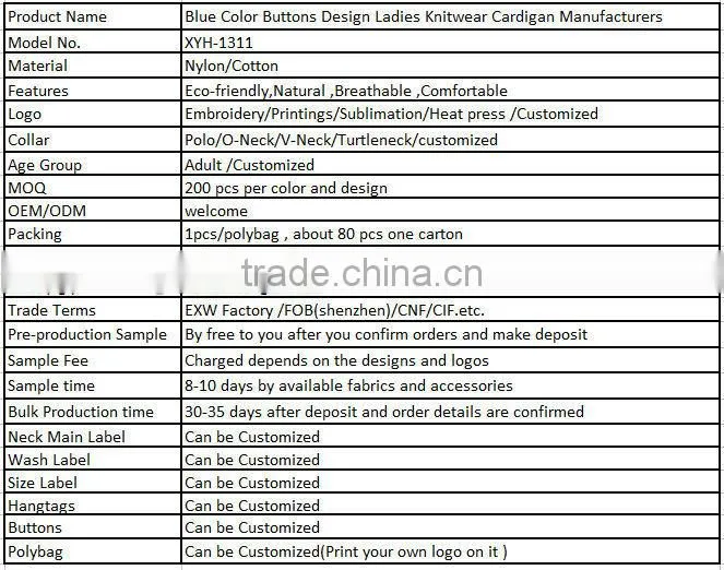 Blue Color Buttons Design Ladies Knitwear Cardigan Manufacturers