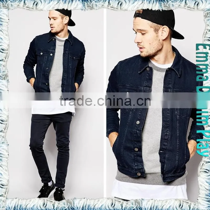 Mens Fashion Autumn Long Sleeve Dark Blue Jean Four Pockets Coat