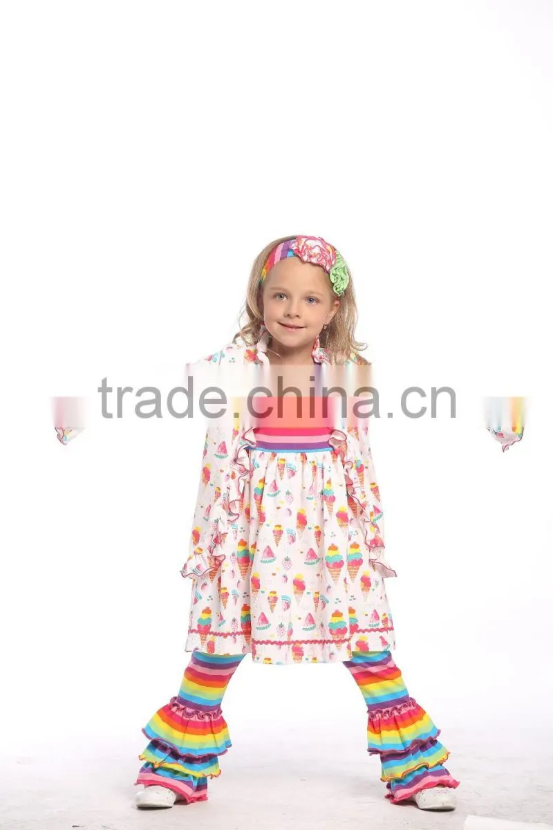 Wholesale girls ruffle sleeve raglan fashion printed icing ruffle raglan shirt and pants girls clothes set