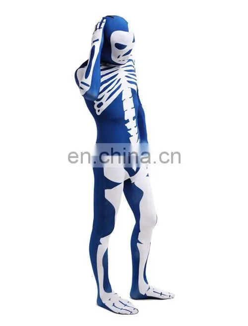 Blue & White Skeleton Nude Suit Tight Zentai Body Spandex Stretch Mens Jumpsuit Adult