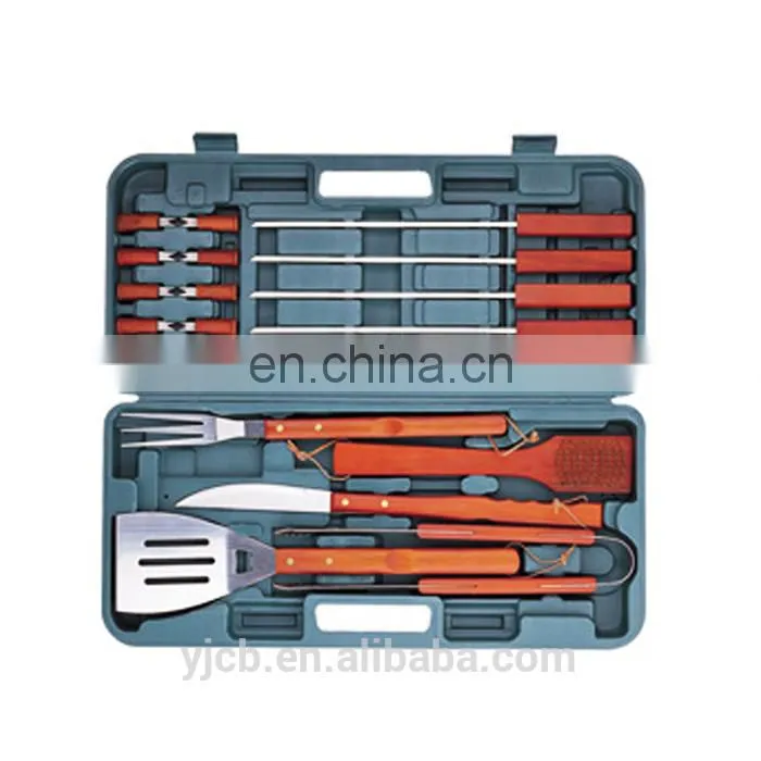 Nice functional plastic case metal portable bbq tool set with wooden handle,set of 18pcs