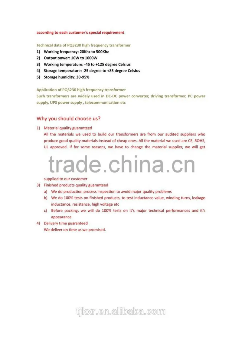 CE, ROHS approved, PQ3230 high frequency transformer
