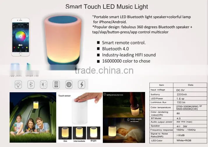 portable bluetooth 4.0 smart touch music light speaker with colorful light for iphone/android app