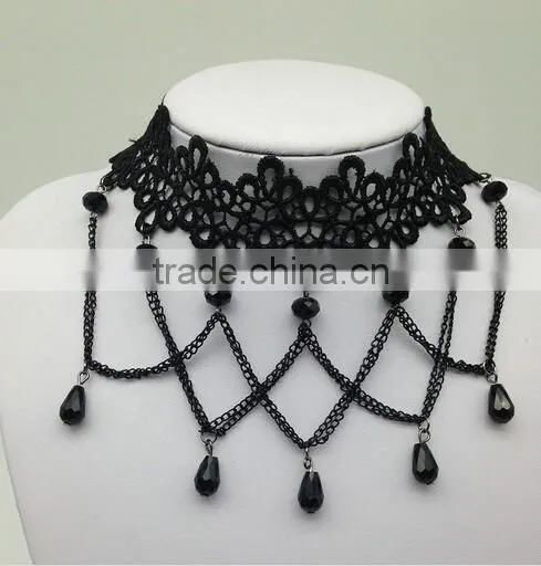 Women Gothic Black Beads Drop Lace Choker Collar Retro Chain Tassel Necklace
