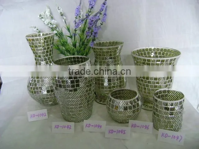mosaic glass vase and candle holder with Electroplating patern