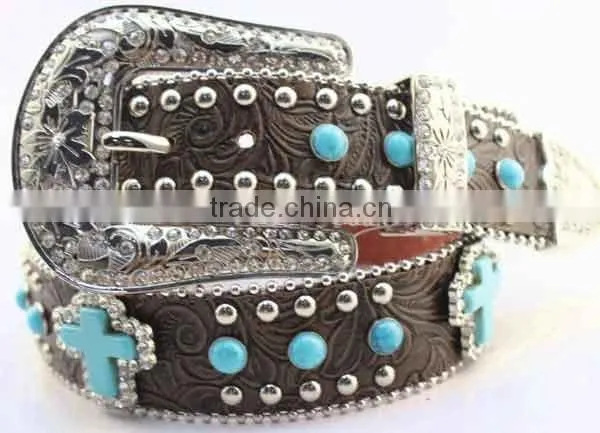 Floral Embossed Cowgirl Leather Western Turquoise Stone Studded Belts