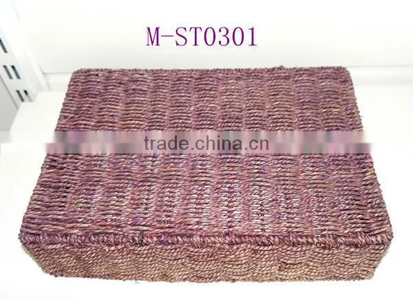 Purple rectangle straw storage basket with pink canvas liner