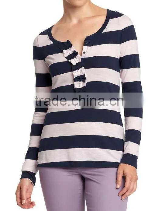 Womens striped long sleeve t shirt with ruffled placket