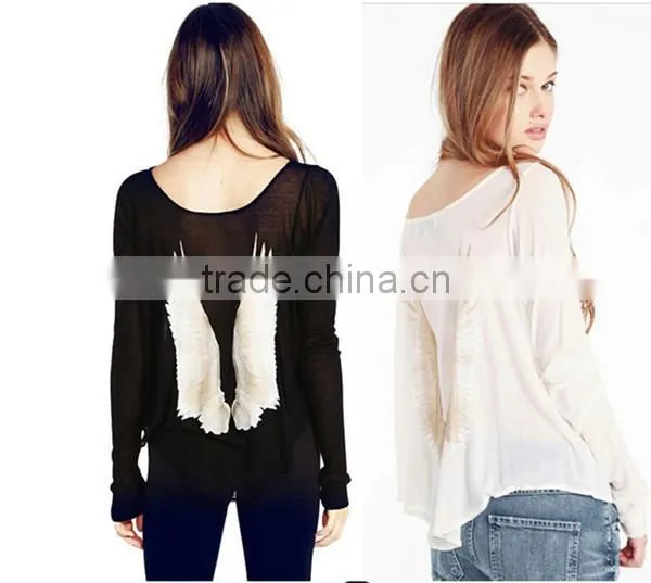 New design plus size round neck black and white loose bat sleeve casual clothes Wing printing t shirt blank t-shirt