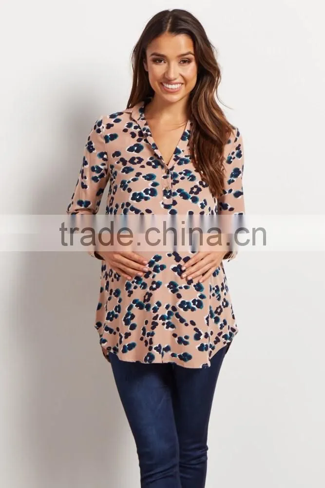 Latest design new fashion button up printing long sleeve maternity clothes