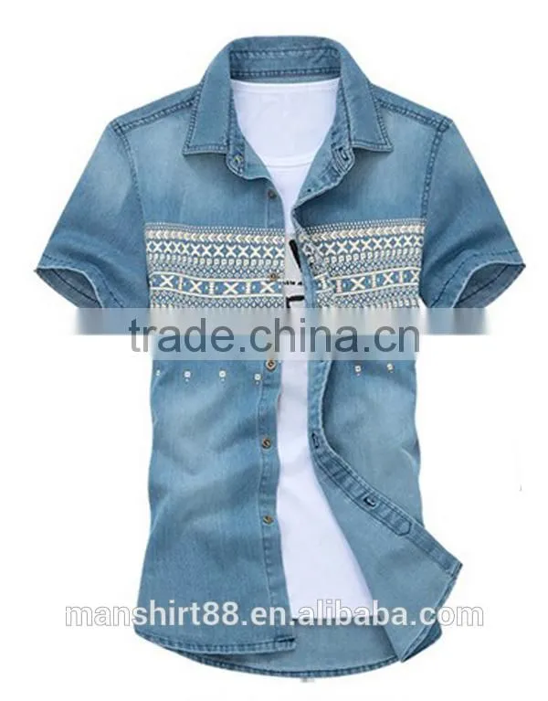 the fashinal denim front printed men's short sleeve slim fit shirt