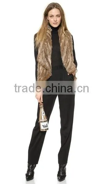 YR284 women yarn and real rabbit fur knitted vest with elastic