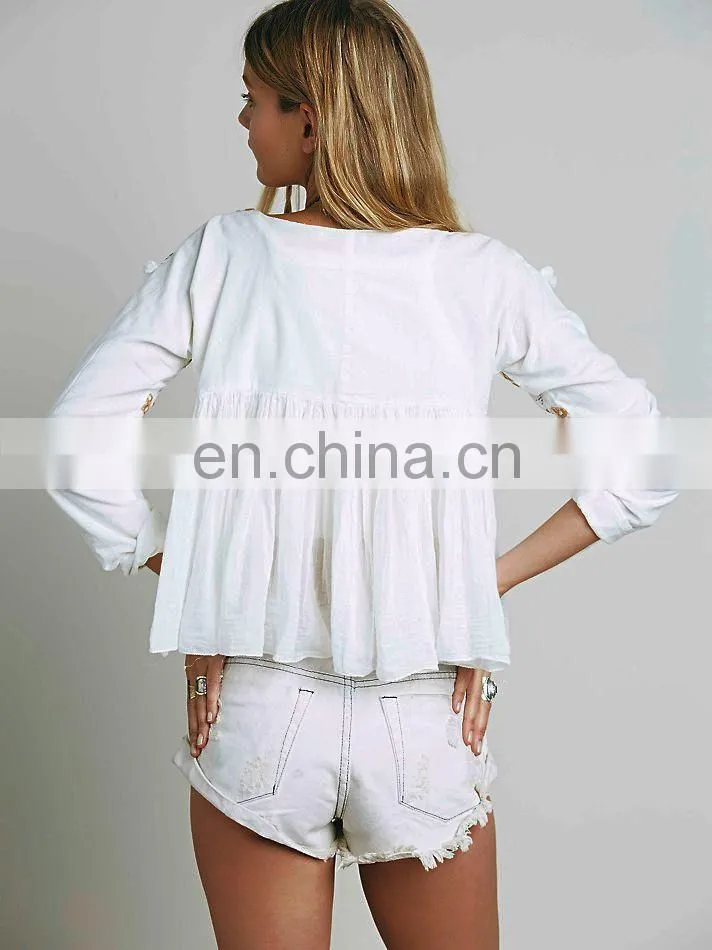 High quality white embroidery tops for lady,fashion babydoll blouse designs