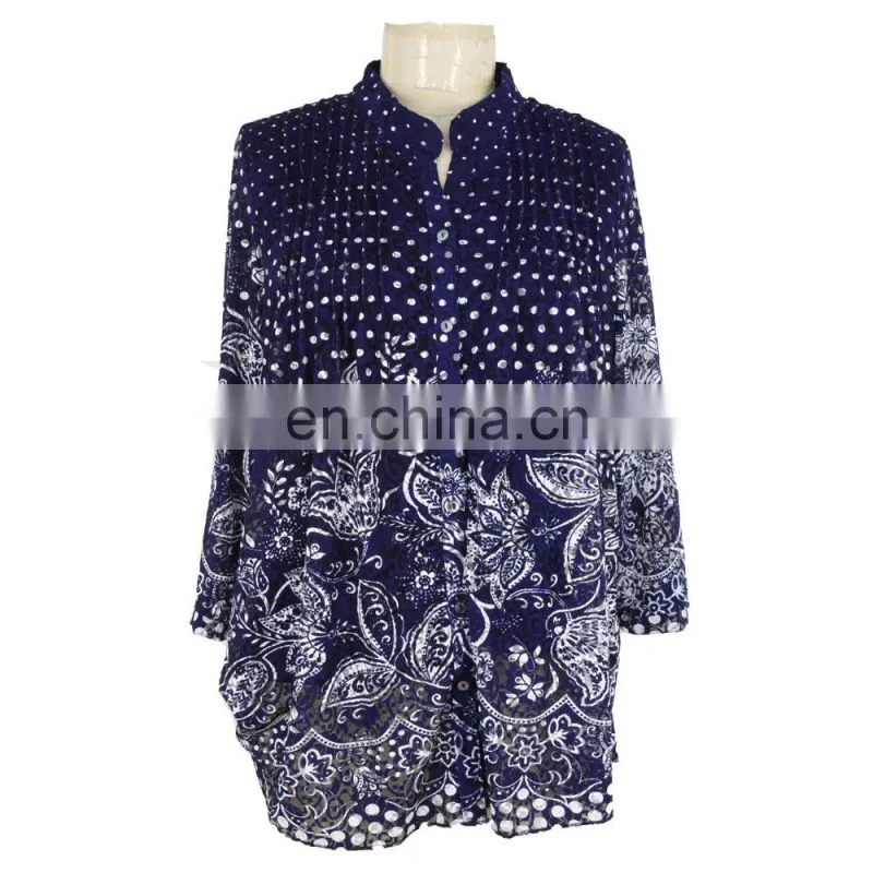 Guangzhou Factory Floral Print Plus Size Clothes Women Lace Shirt