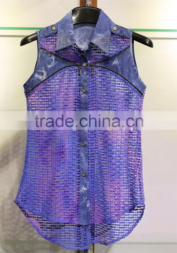 Purple and blue hollowed-out sleeveless tops with a shirt collar for women