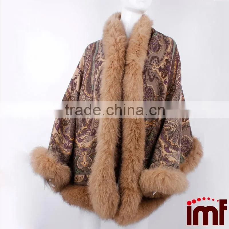 Cashmere and Fox Fur Trim Cape Korean Fashion Poncho