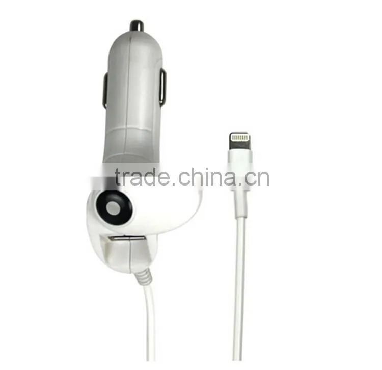 White Car Charger With Build-in Cable Connection Support for Lightening and Micor USB port Car Charger
