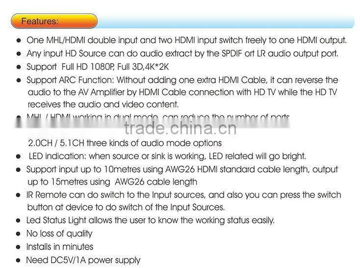 3 in 1 out hdmi switch with audio output 4k