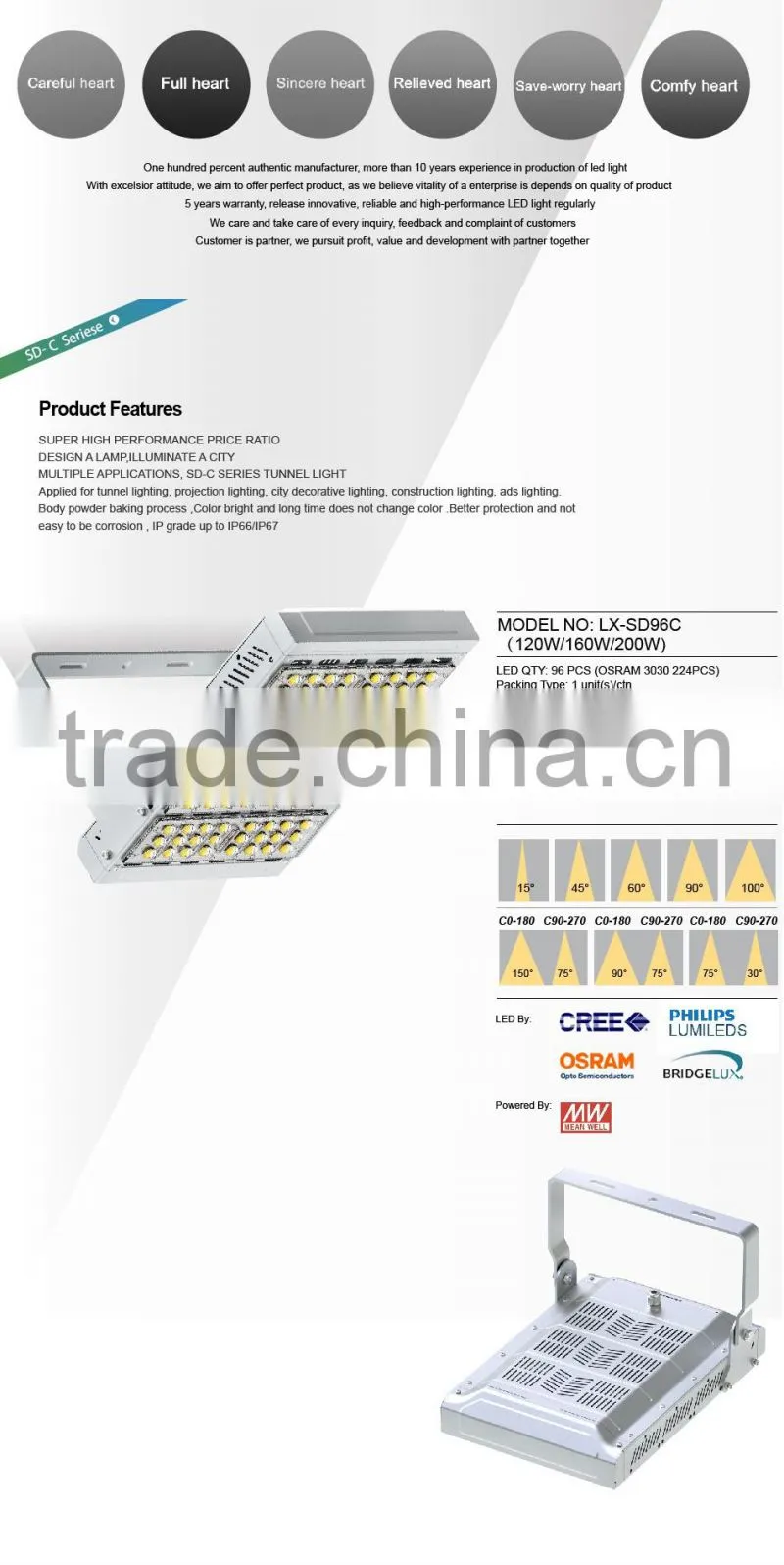 Modular Design Meanwell Driver Different Beam Angle Adjustable Bracket CE Rohs 100-140lm/W 200W LED Tunnel Lighting