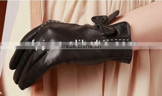 lady winer bowknot black tight lamb leather gloves