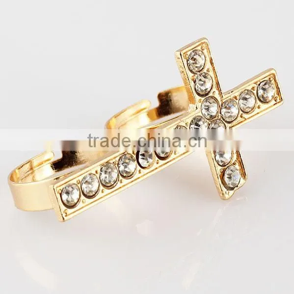 new custom cheap fashion gold rhinestone cross double ring
