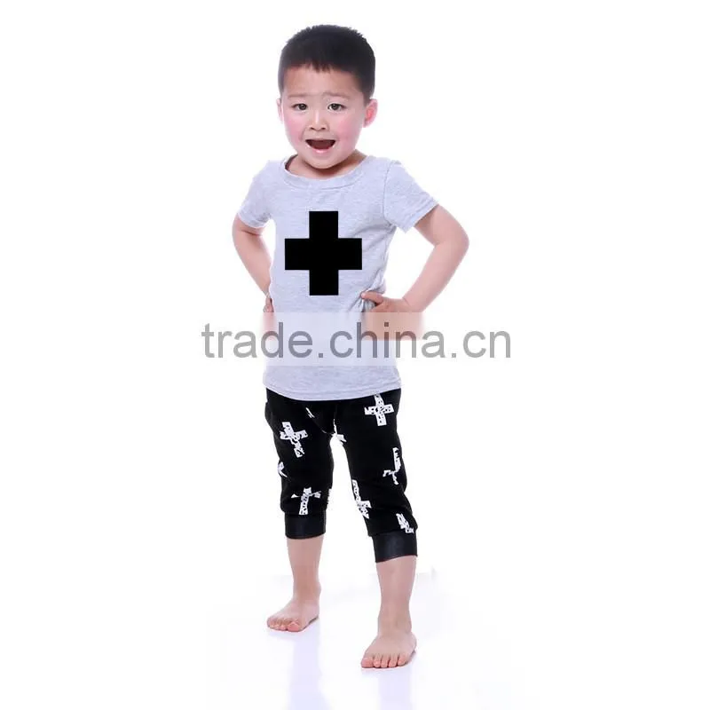 2016 summer kaiya solid cotton printed short T-shirt and pant kids boys clothes sets