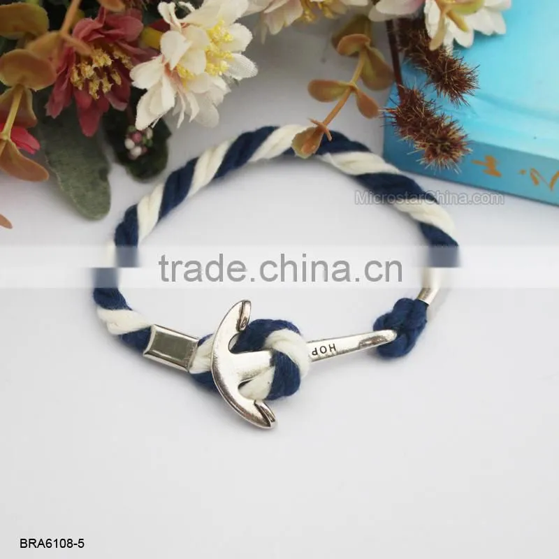 Wholesale Antique Braided Cotton Rope Silver Anchor Charm Bracelet