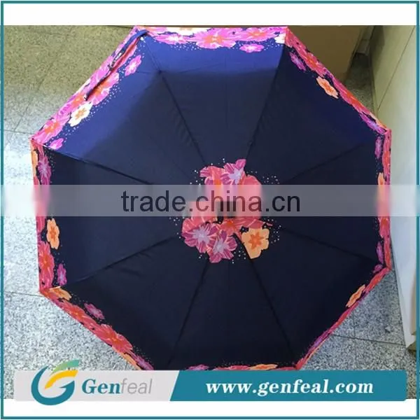 beautiful heat transfer printing auto open 3 folding umbrellas with custom brand logo label