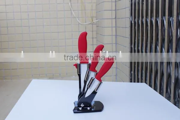 Extremely Sharp 3pcs Ceramic assorted Kitchen knife set with a peeler in plastic acrylic stand