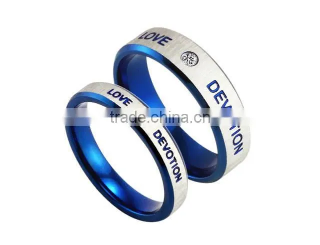 KSTONE blue love stainless steel couple rings with cz stone