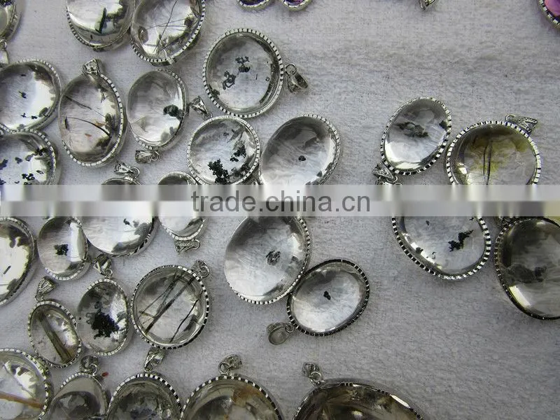 New Unique Black Rutile & Crystal Gemstone Silver Pendant, 925 Sterling Silver Jewelry