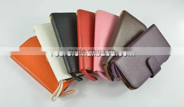 fashion real leather wallet phone case for Samsung i9500 with card slot and strap hot selling