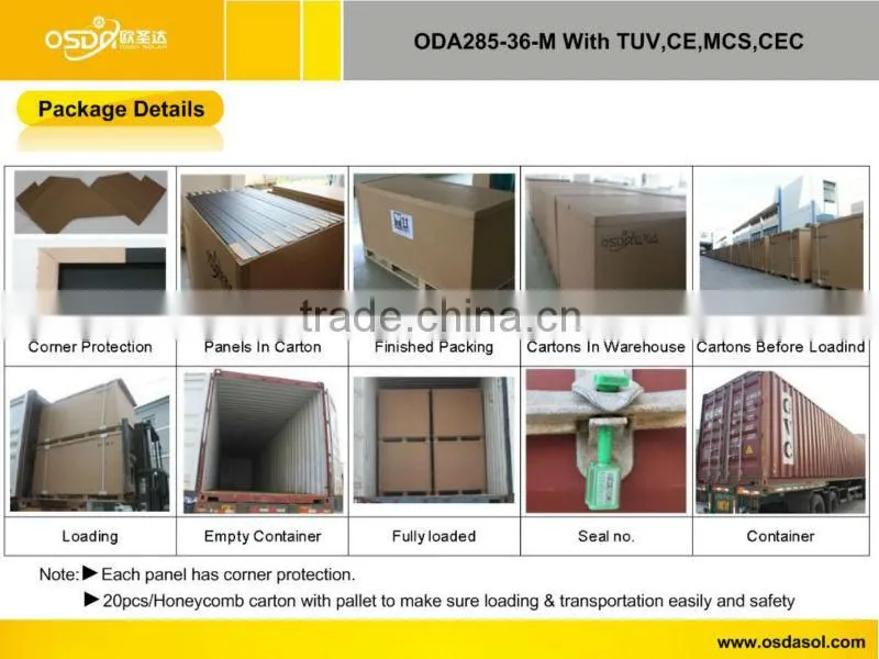 TUV MCS CEC certificated 285W mono solar panel