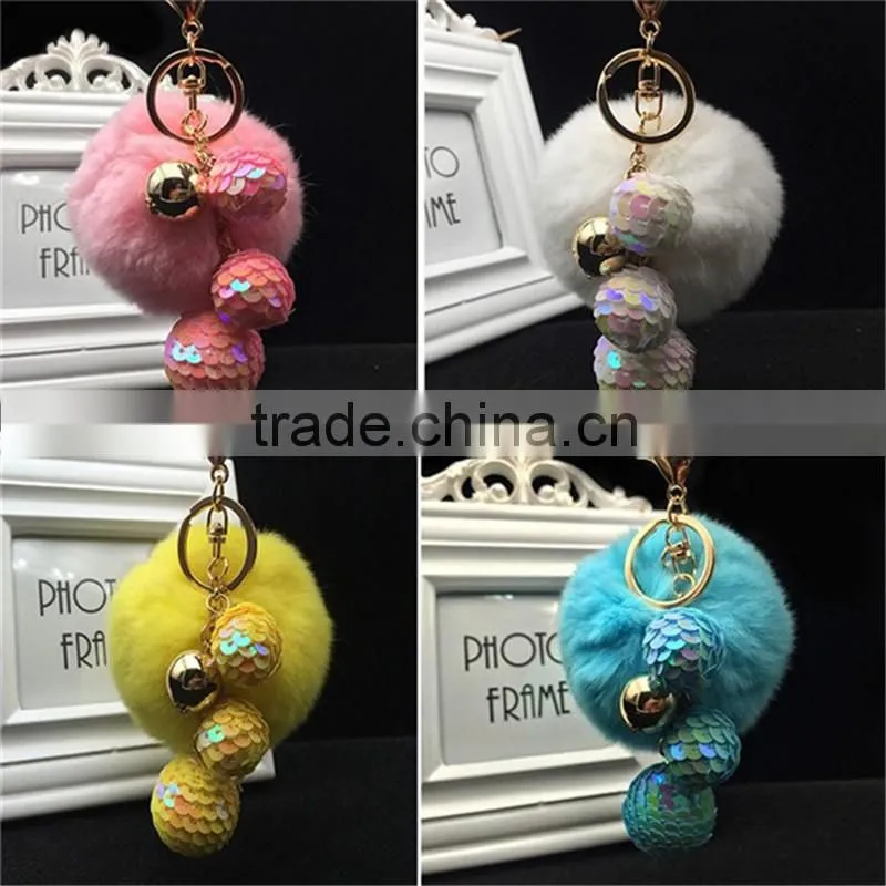 2017 new trinket Keychain pompons rabbit fur fluffy Pom Pom key chains for cars keyrings
