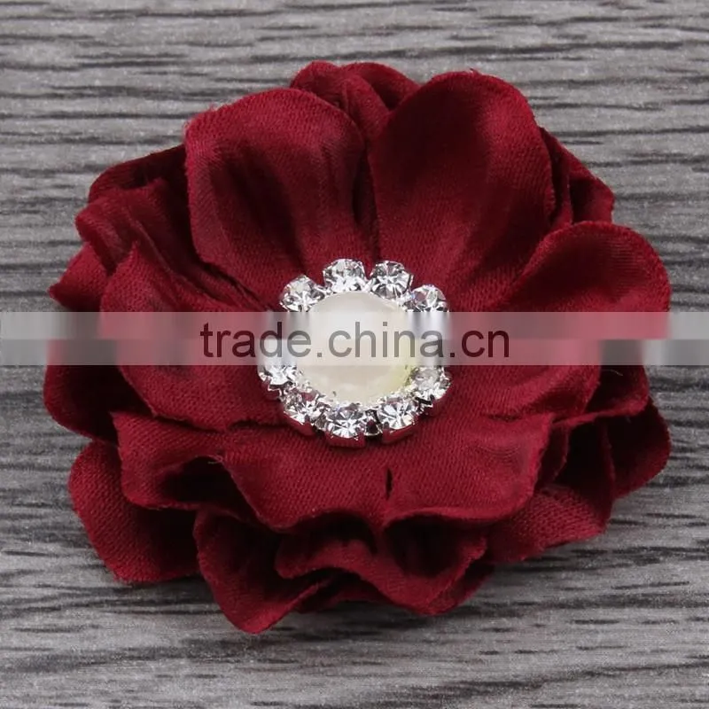 fabric flower with pearl rhinestone center for kids hair accessories