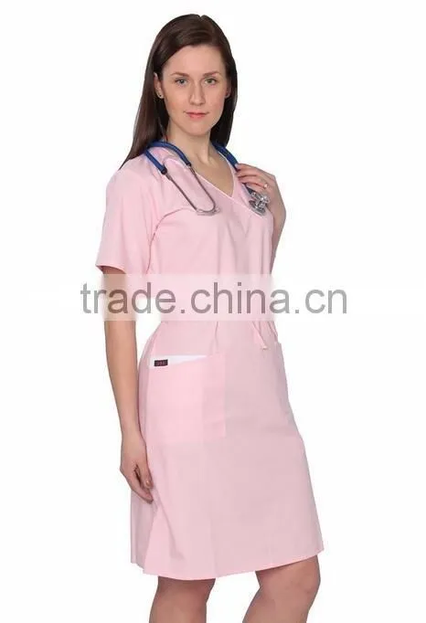 Custom Women Workwear A Line Scrub Casual Pink Soft dress Short Sleeve Nurse Uniform With Waist Drawstring In Hospital Wear