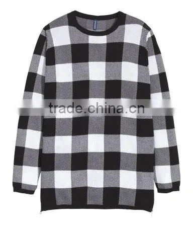 oem fashion design men o-neck fleece longline plaid long sleeve sweater