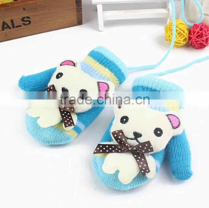 Winter baby children acrylic gloves boys and girls knitted warm cute hanging neck cartoon bear baby gloves