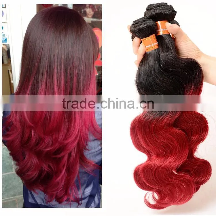 Wholesale 1b Burg Two tone Ombre Body Wave Unprocessed 100% Malaysian Virgin Hair Weave Extensions, 1B Red Color human Hair