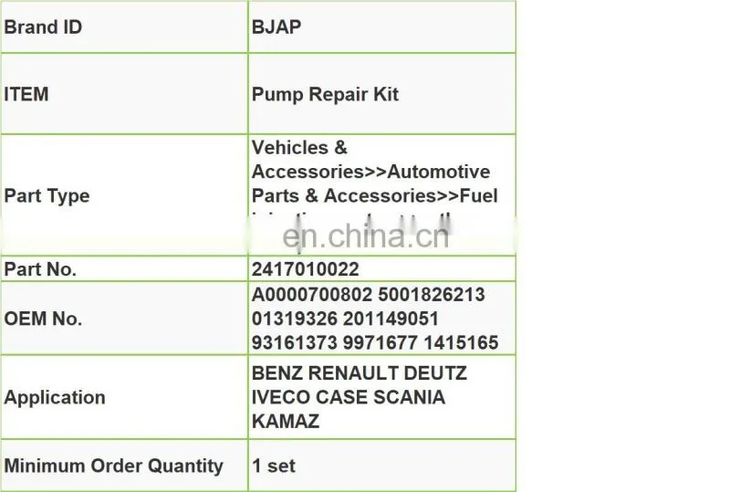 BJAP Pump Repair kit 2417010022 A0000700802 5001826213 01319326 201149051 93161373 9971677 1415165 for Benz