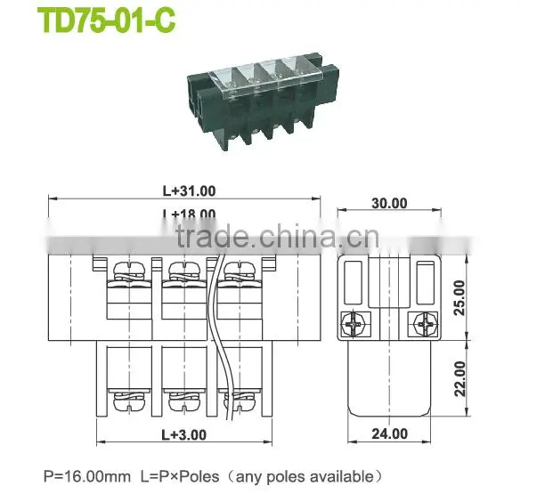 Barrier Type Through Panel Terminal block with cover PBT and current 75A