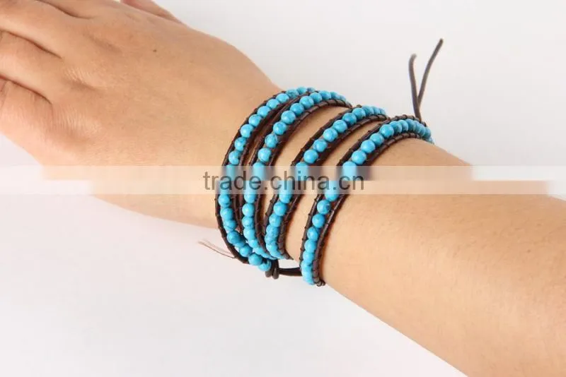 Retro Vintage Lovely Multilayer 4mm Round Blue Turquoise And Hand Knotted Brown Leather Wrap Bangle Bracelet