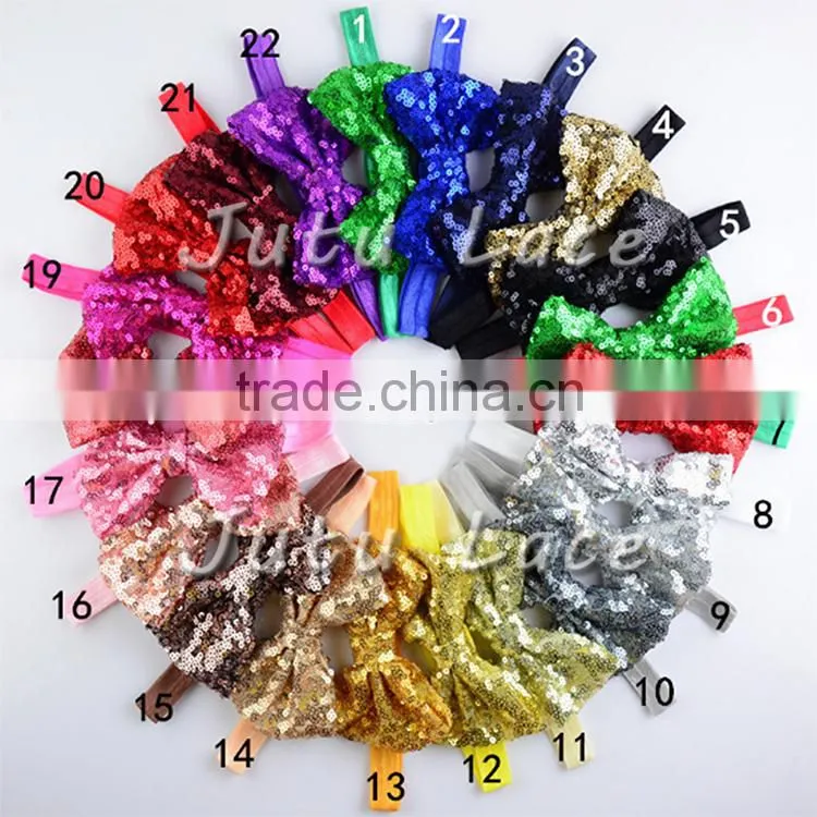 Hot selling big sparkle sequin fabric hair bowknots headband accessory,bow for clothes/clips/head wraps
