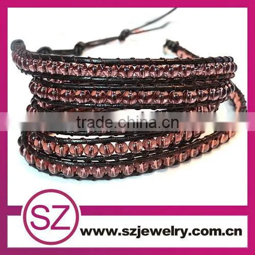 2013 fashion jewelry 5 wrap gemstone bead leather bracelet