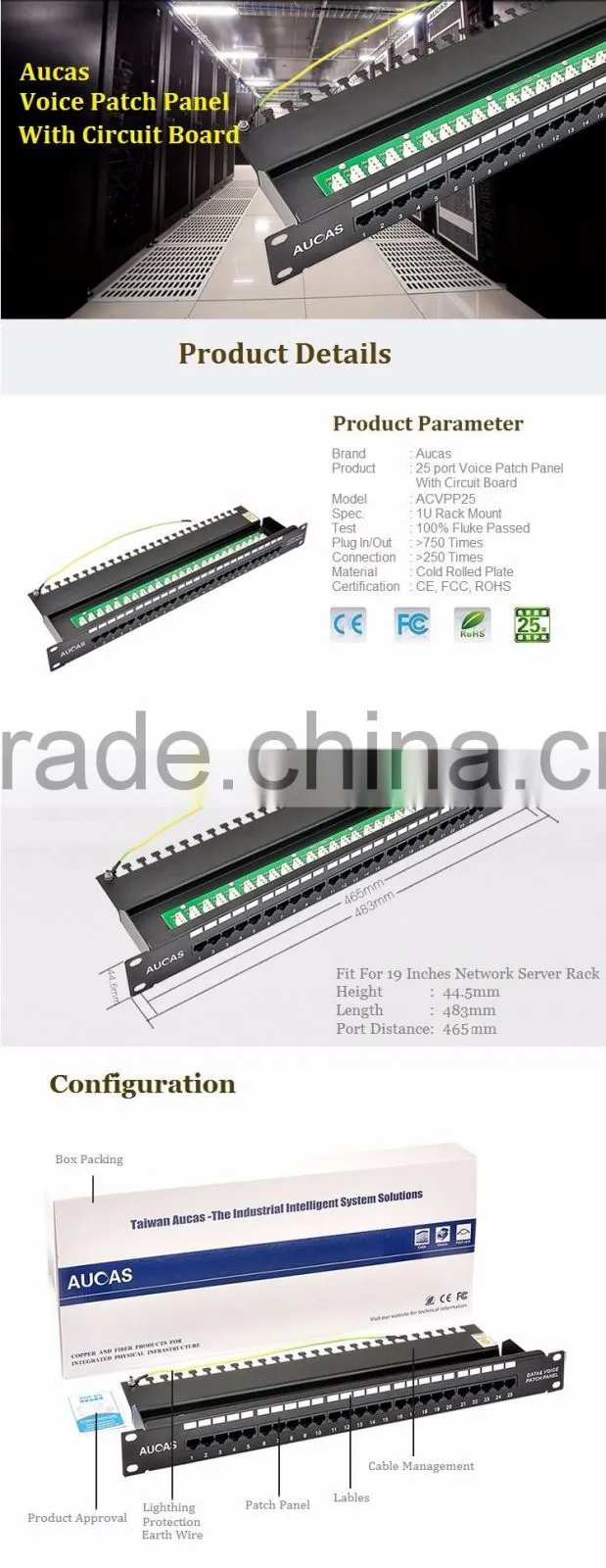 Taiwan Aucas Manufacture Telephone Voice RJ11 Patch Panel With Circuit Board Offer