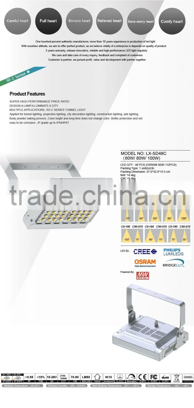 Modular Design Adjustable Bracket CE Rohs Meanwell Driver 100-140lm/W Different Beam Angle 100W Outdoor LED Tunnel Light
