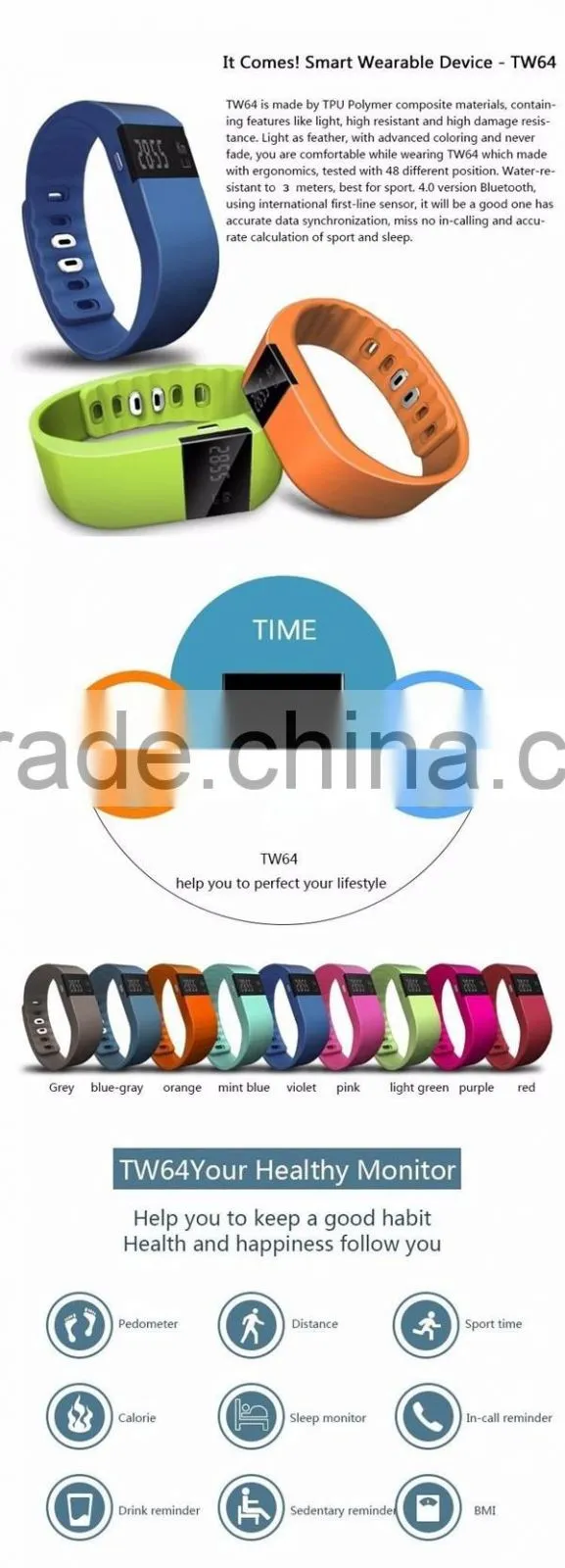 sport and healthy monitor waterproof TW64 smart band smart bracelet