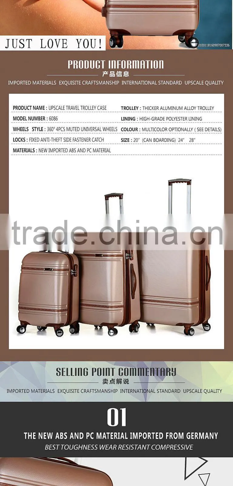 Stock 3pcs ABS luggage set with Universal wheels